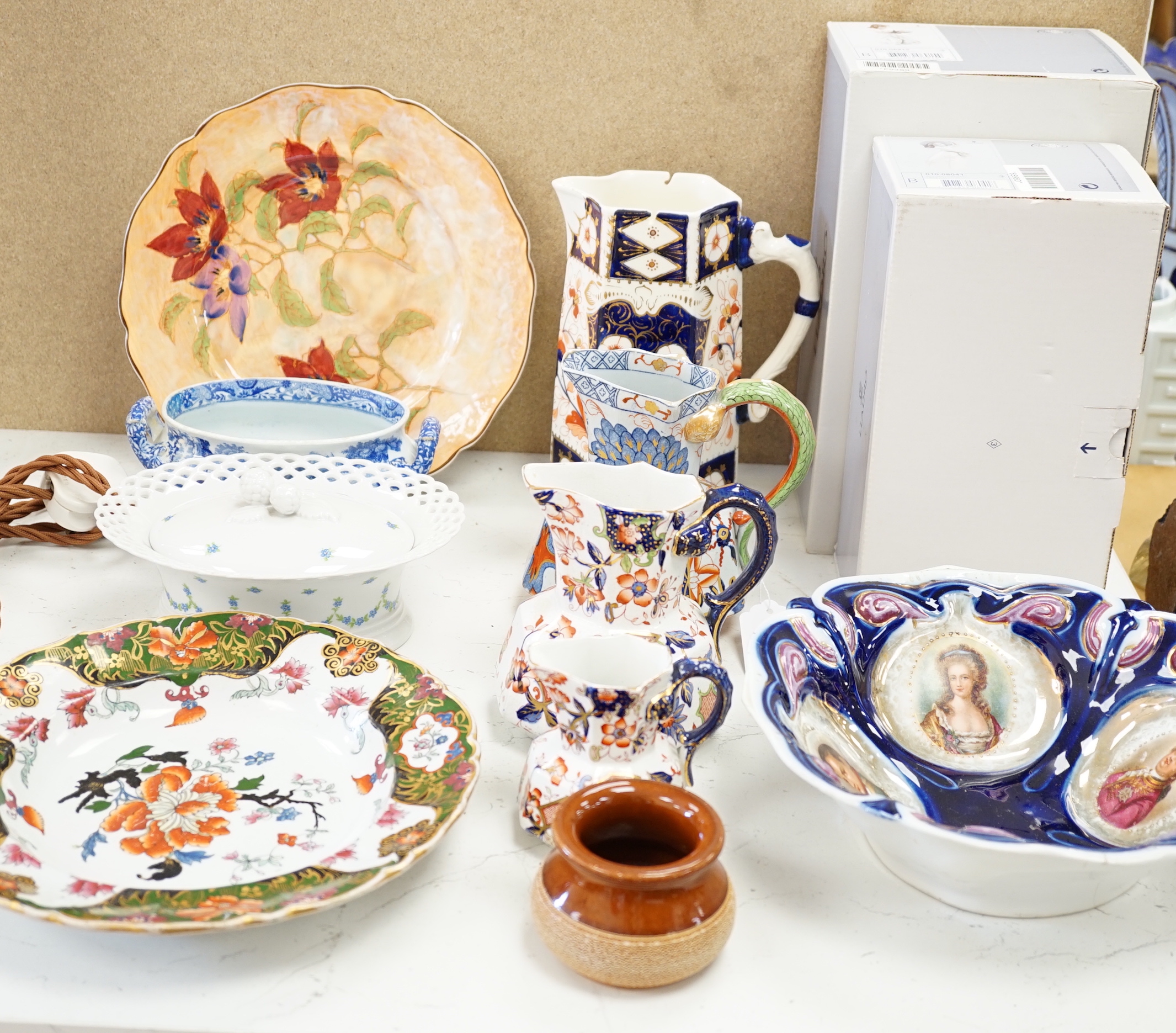 Two boxed Lladro figures and mixed ceramics including a Davenport hydra jug, Keeling & Co hydra jug, Wallendorfer lidded tureen with pierced edge, Ironstone plate, etc (12)